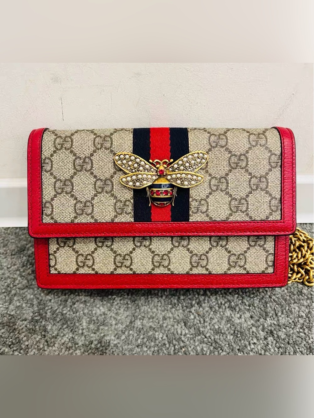 Gucci GG Supreme Bee Wallet with Red Trim and Navy-Red Web